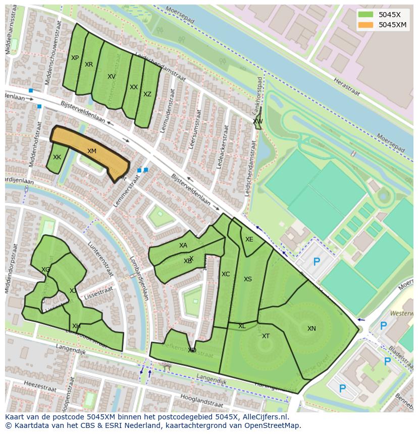 Afbeelding van het postcodegebied 5045 XM op de kaart.