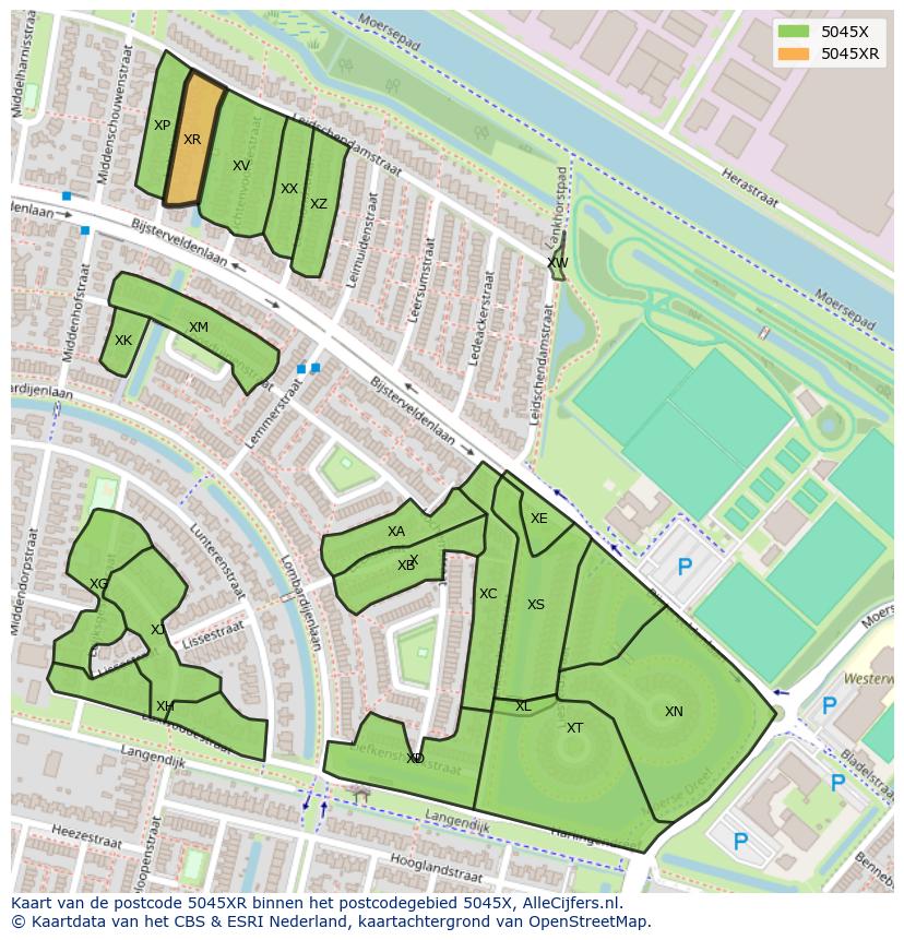 Afbeelding van het postcodegebied 5045 XR op de kaart.