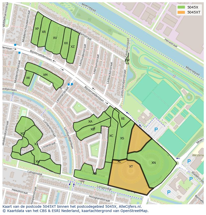 Afbeelding van het postcodegebied 5045 XT op de kaart.