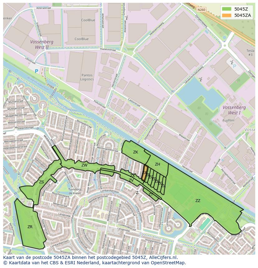 Afbeelding van het postcodegebied 5045 ZA op de kaart.