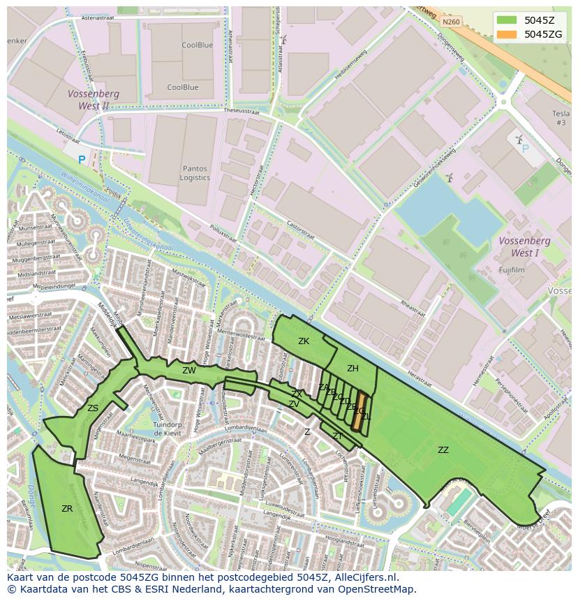 Afbeelding van het postcodegebied 5045 ZG op de kaart.