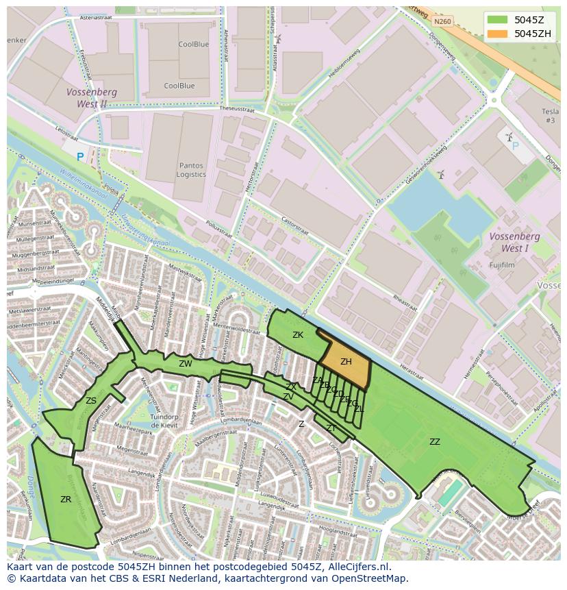 Afbeelding van het postcodegebied 5045 ZH op de kaart.