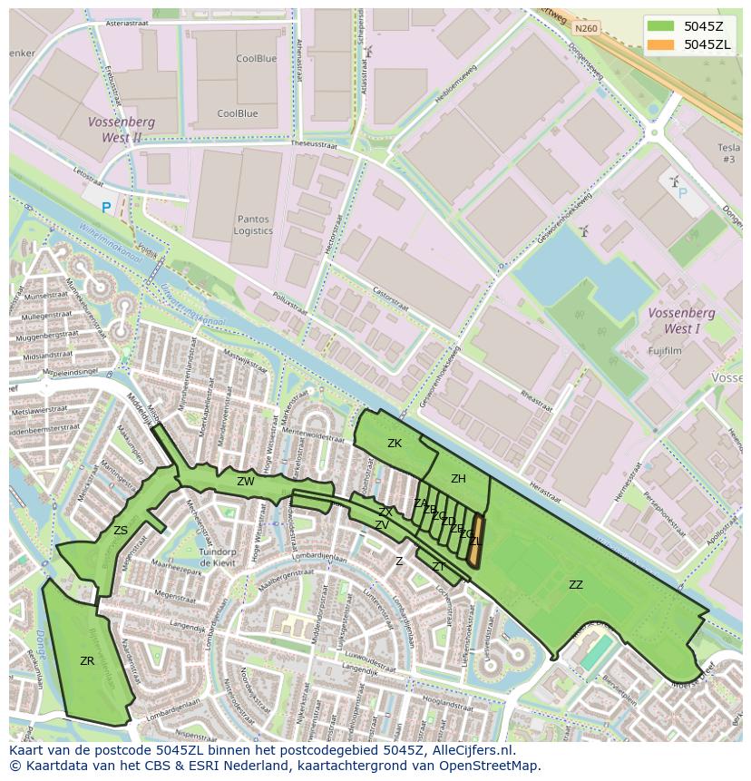 Afbeelding van het postcodegebied 5045 ZL op de kaart.