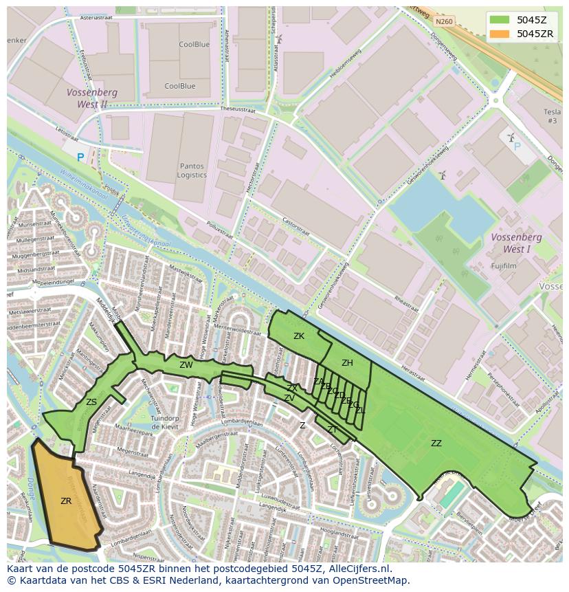 Afbeelding van het postcodegebied 5045 ZR op de kaart.
