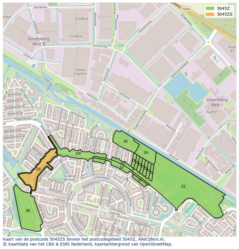 Afbeelding van het postcodegebied 5045 ZS op de kaart.