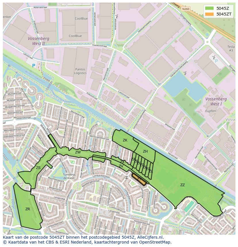 Afbeelding van het postcodegebied 5045 ZT op de kaart.