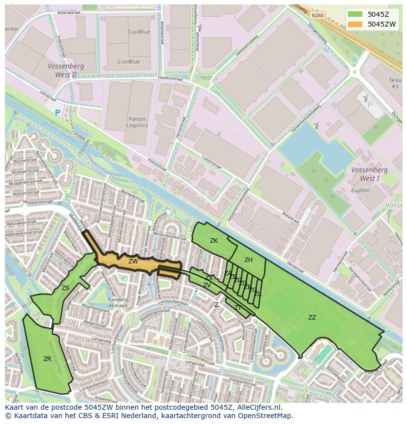 Afbeelding van het postcodegebied 5045 ZW op de kaart.