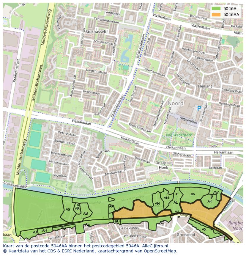 Afbeelding van het postcodegebied 5046 AA op de kaart.