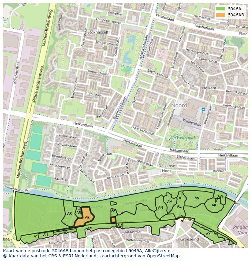 Afbeelding van het postcodegebied 5046 AB op de kaart.