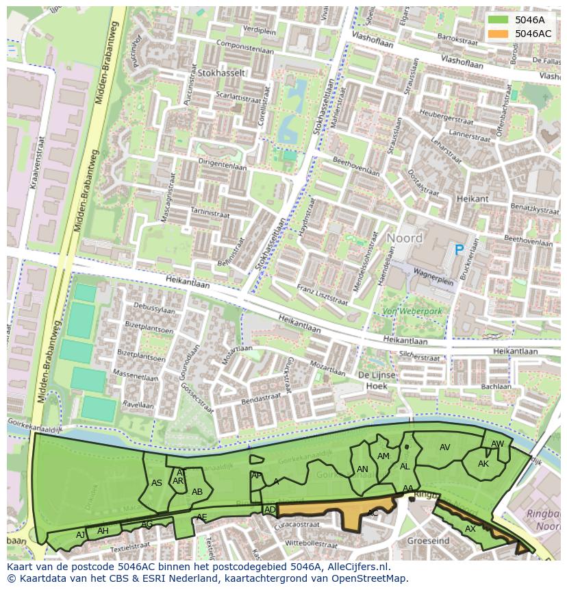 Afbeelding van het postcodegebied 5046 AC op de kaart.