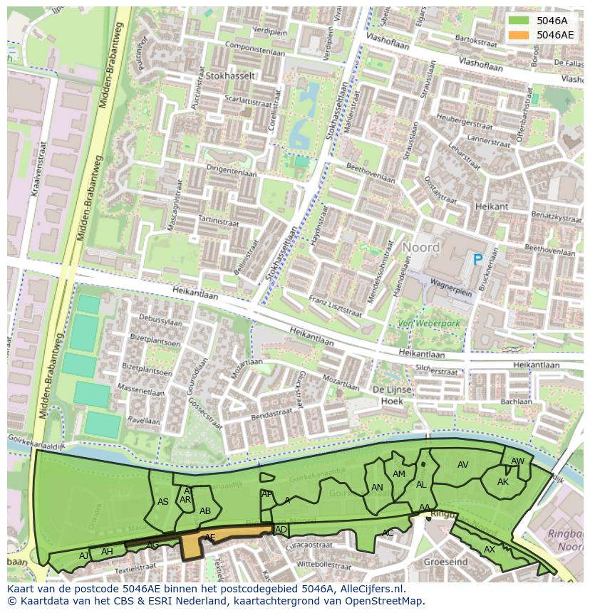 Afbeelding van het postcodegebied 5046 AE op de kaart.
