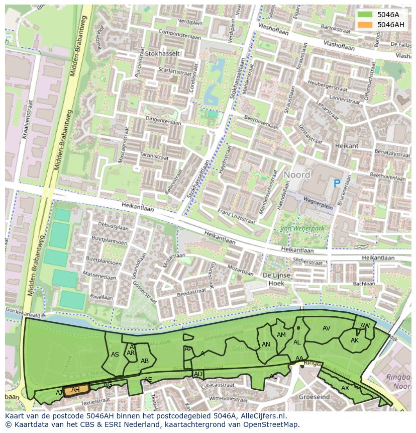 Afbeelding van het postcodegebied 5046 AH op de kaart.