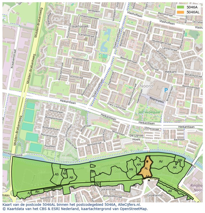Afbeelding van het postcodegebied 5046 AL op de kaart.