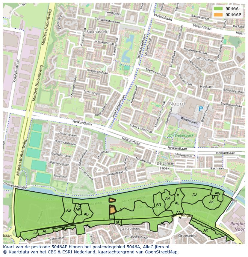 Afbeelding van het postcodegebied 5046 AP op de kaart.