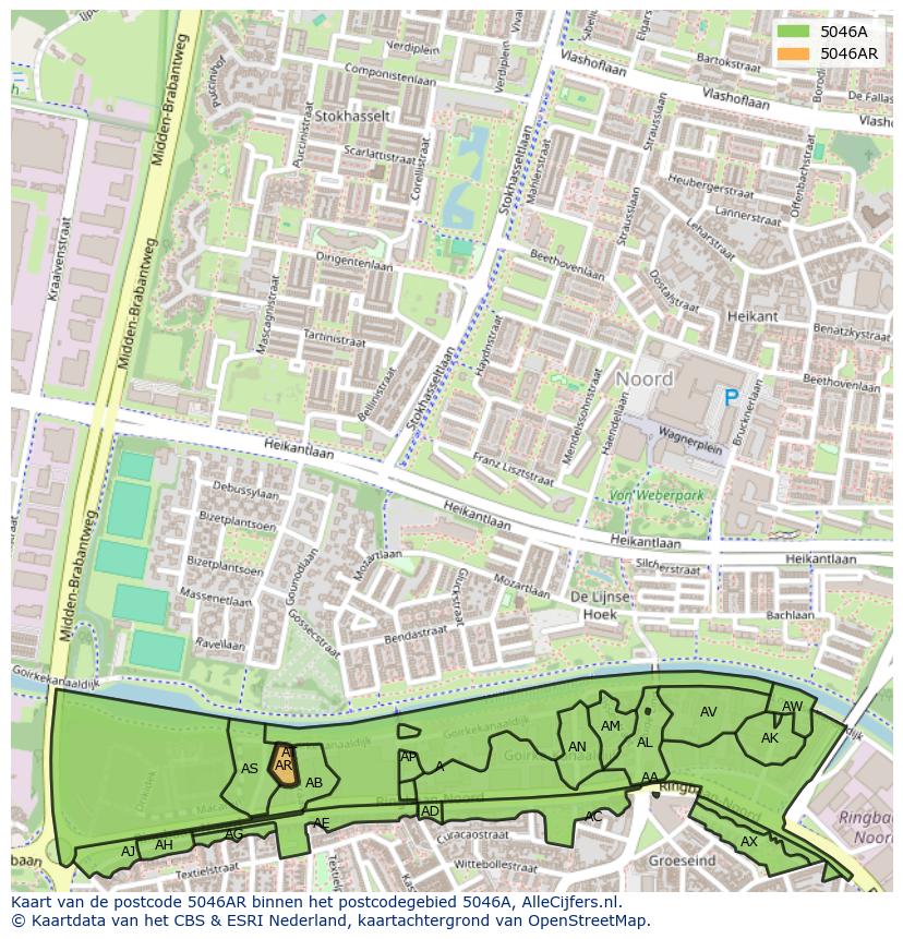 Afbeelding van het postcodegebied 5046 AR op de kaart.
