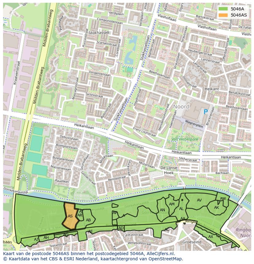 Afbeelding van het postcodegebied 5046 AS op de kaart.