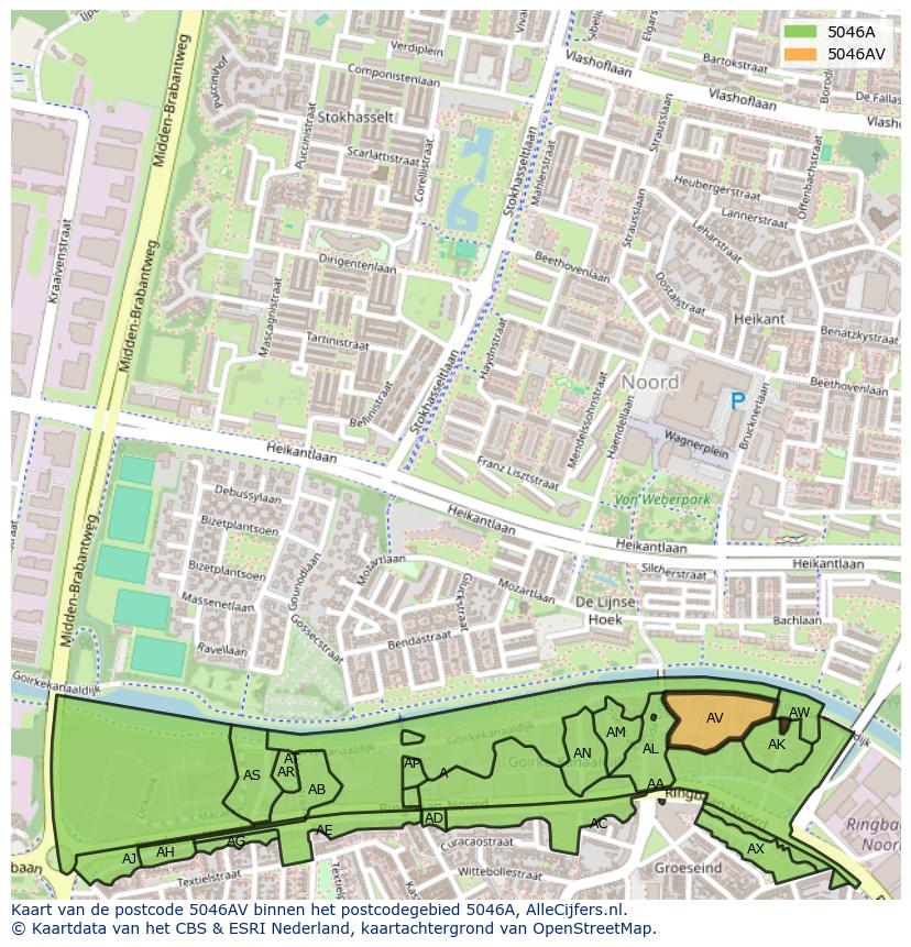 Afbeelding van het postcodegebied 5046 AV op de kaart.