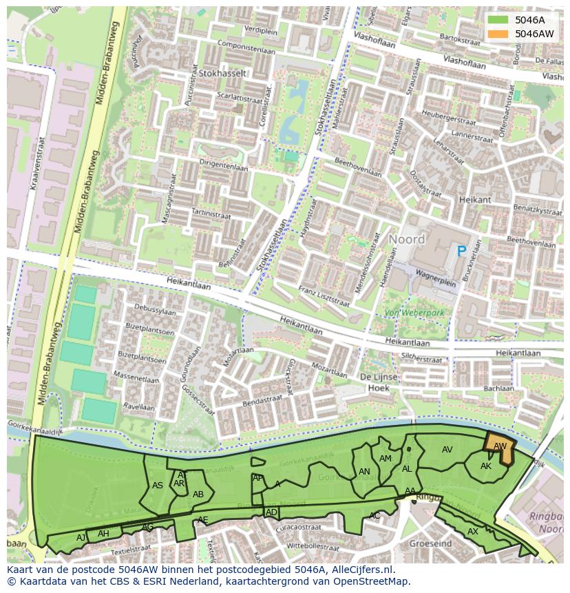 Afbeelding van het postcodegebied 5046 AW op de kaart.