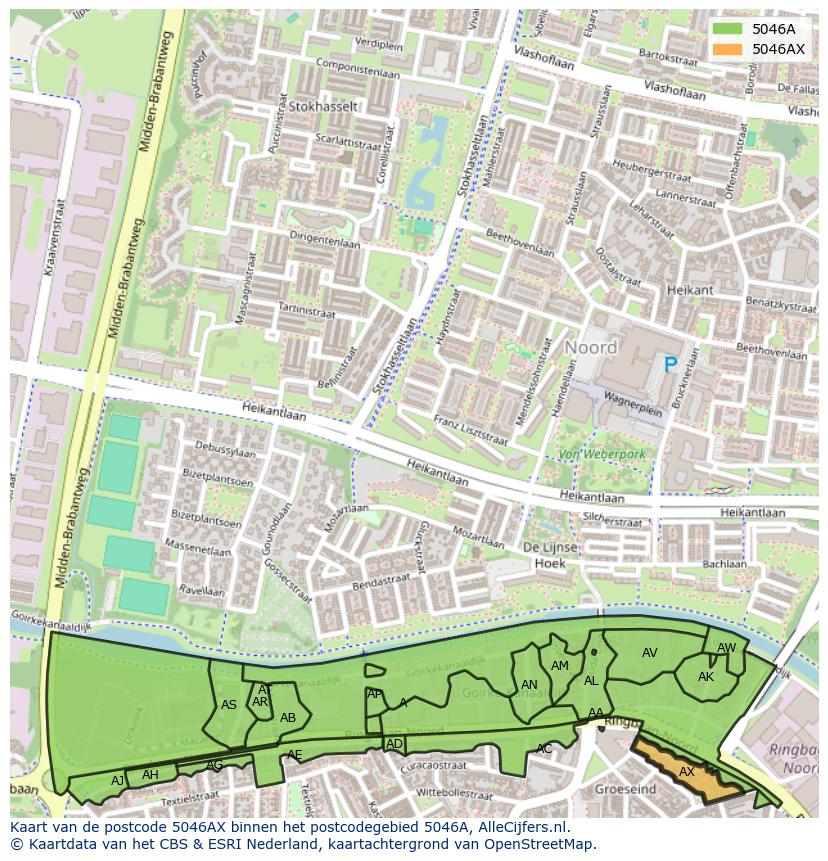 Afbeelding van het postcodegebied 5046 AX op de kaart.