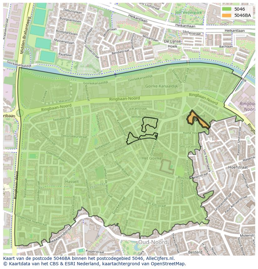 Afbeelding van het postcodegebied 5046 BA op de kaart.