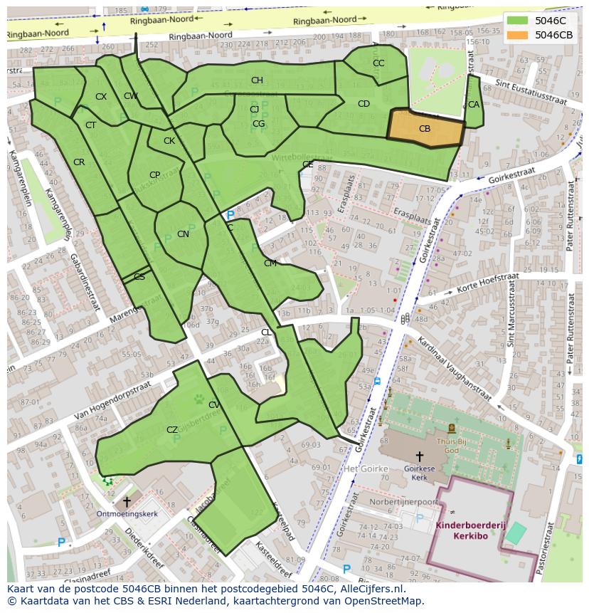 Afbeelding van het postcodegebied 5046 CB op de kaart.
