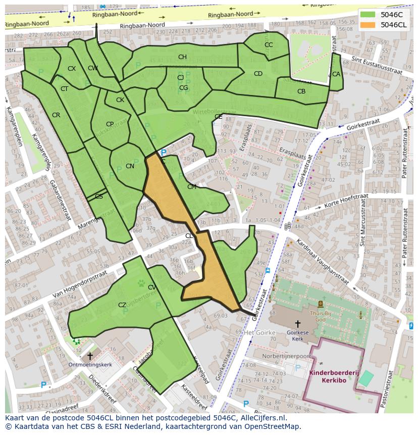 Afbeelding van het postcodegebied 5046 CL op de kaart.