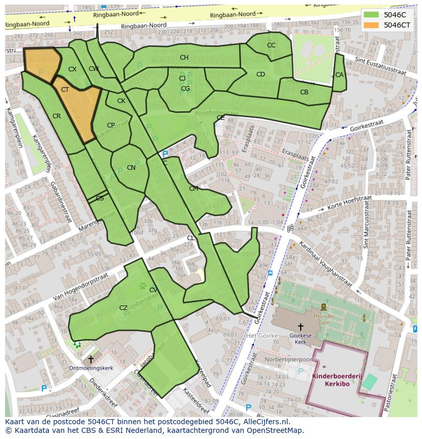 Afbeelding van het postcodegebied 5046 CT op de kaart.