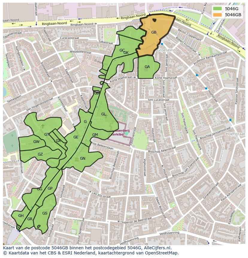 Afbeelding van het postcodegebied 5046 GB op de kaart.