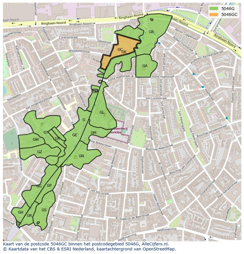 Afbeelding van het postcodegebied 5046 GC op de kaart.