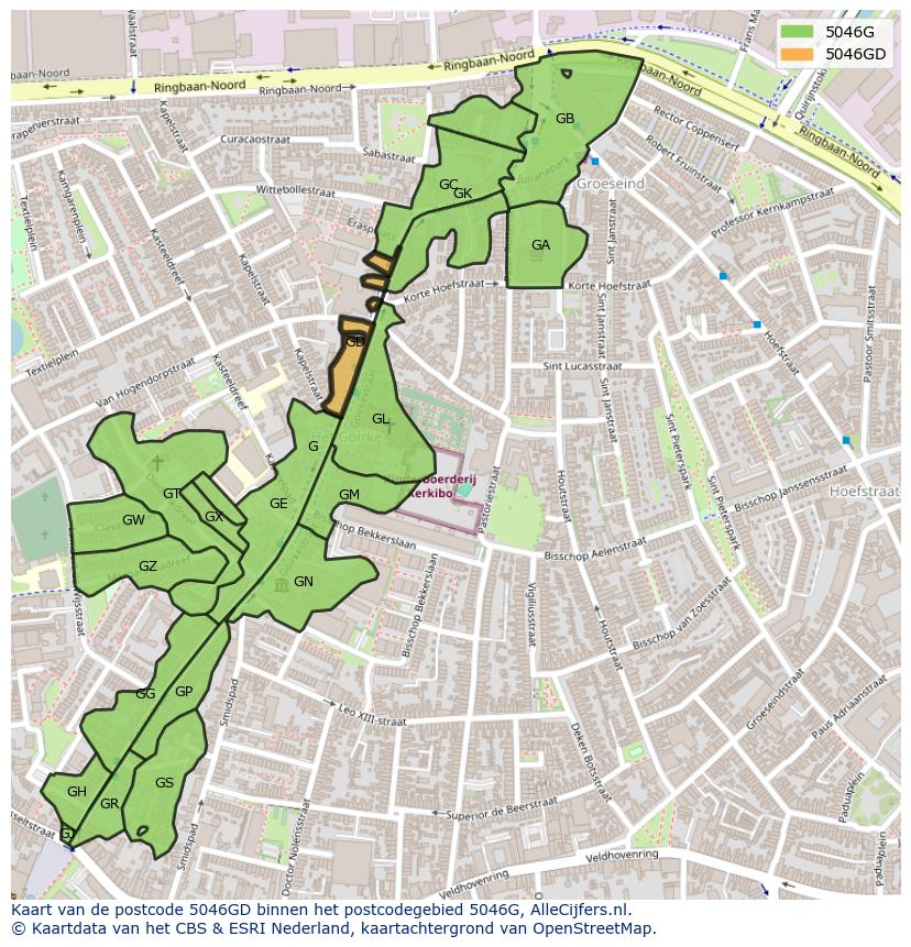 Afbeelding van het postcodegebied 5046 GD op de kaart.