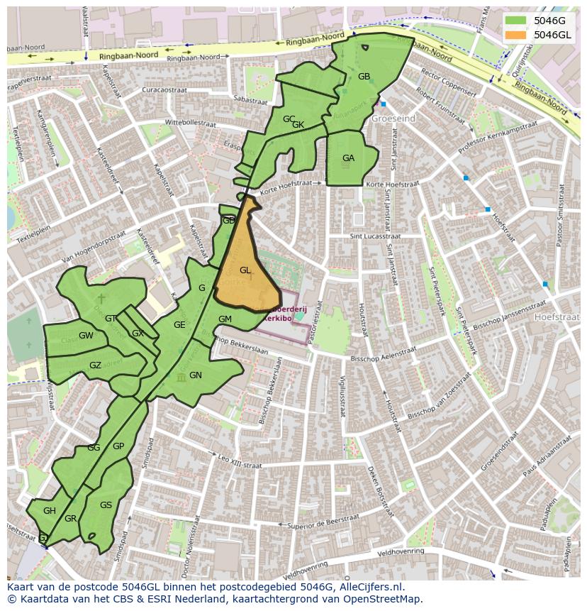 Afbeelding van het postcodegebied 5046 GL op de kaart.