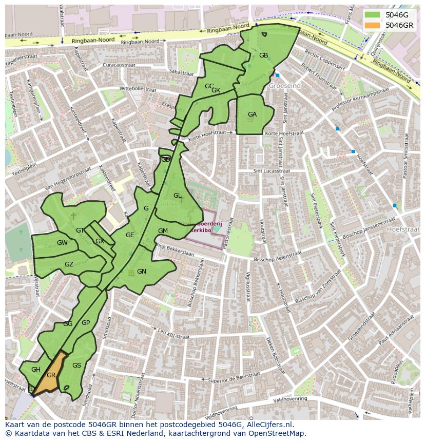 Afbeelding van het postcodegebied 5046 GR op de kaart.