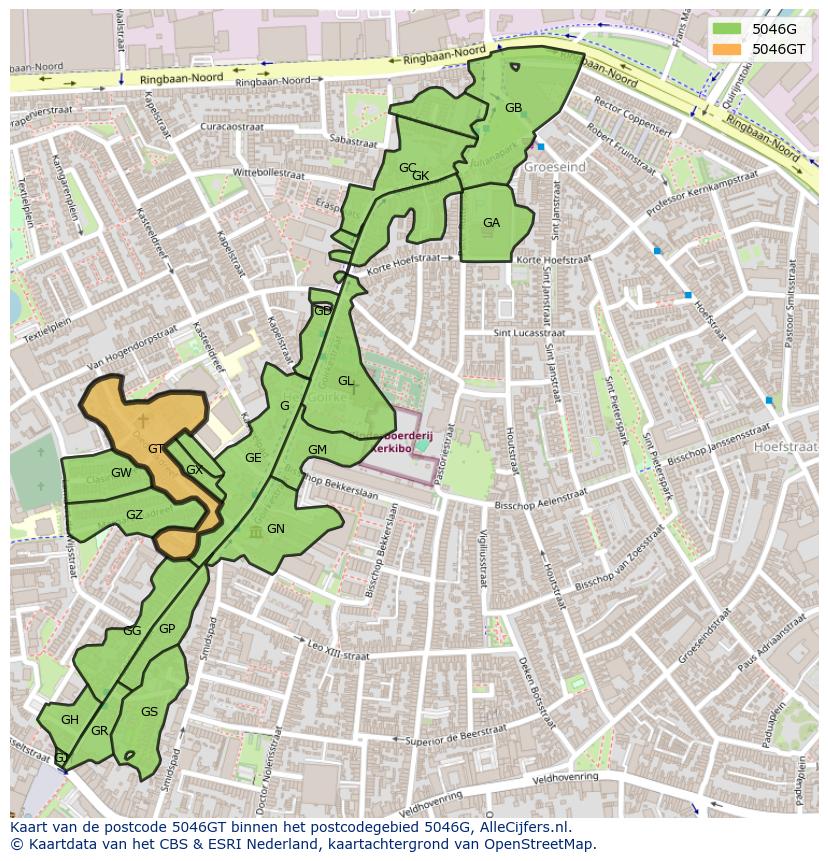 Afbeelding van het postcodegebied 5046 GT op de kaart.
