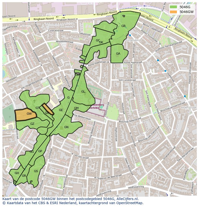 Afbeelding van het postcodegebied 5046 GW op de kaart.