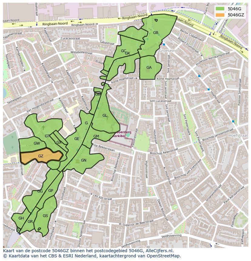 Afbeelding van het postcodegebied 5046 GZ op de kaart.