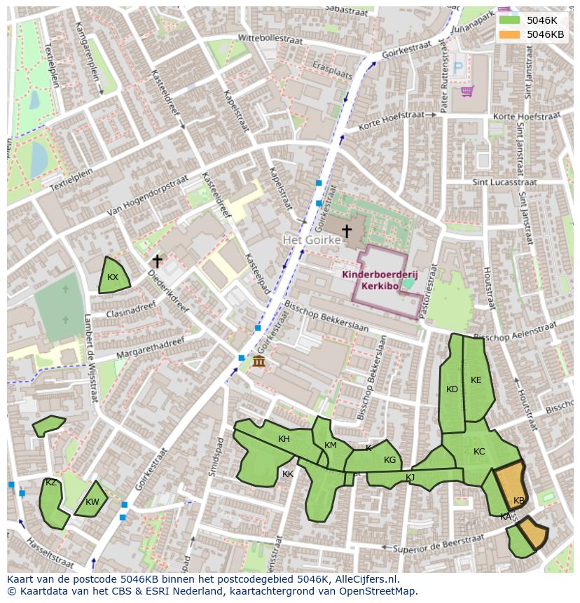 Afbeelding van het postcodegebied 5046 KB op de kaart.