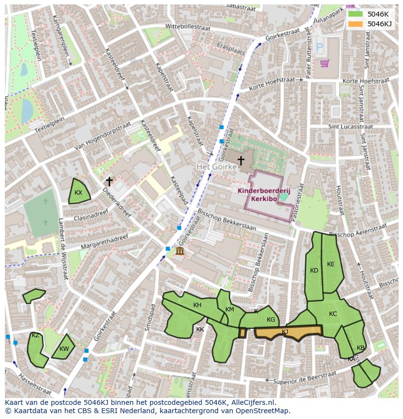 Afbeelding van het postcodegebied 5046 KJ op de kaart.