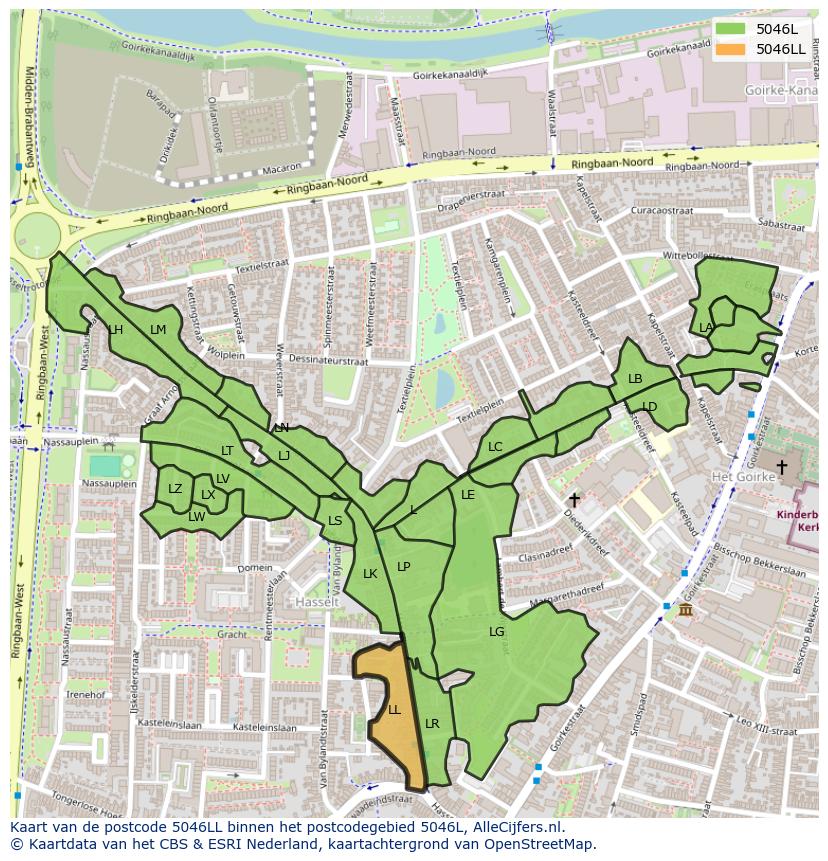 Afbeelding van het postcodegebied 5046 LL op de kaart.