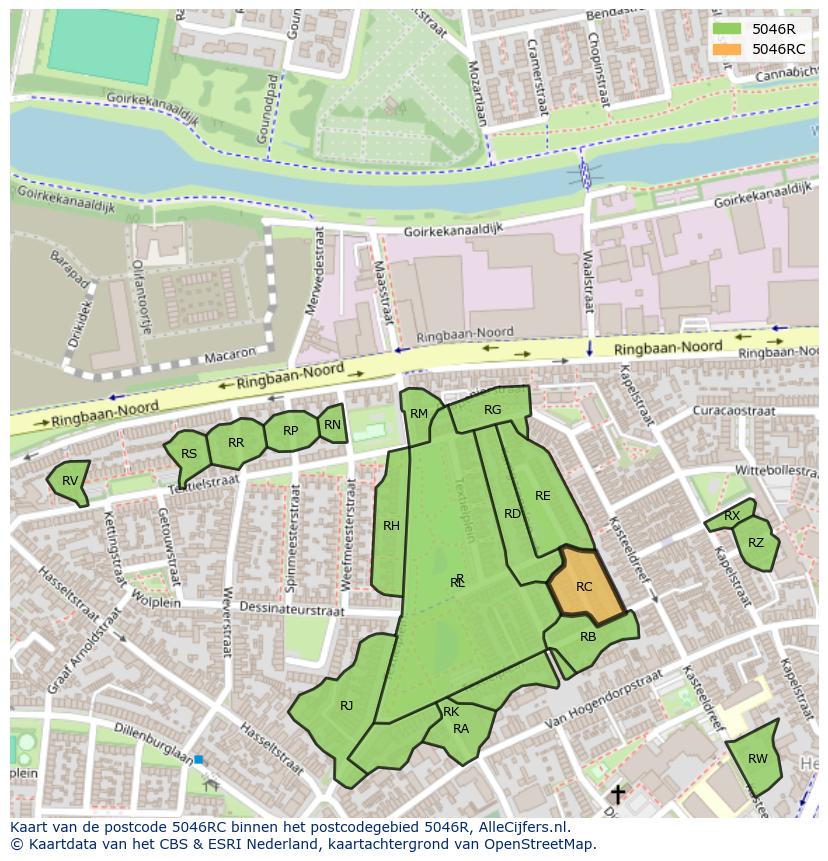 Afbeelding van het postcodegebied 5046 RC op de kaart.
