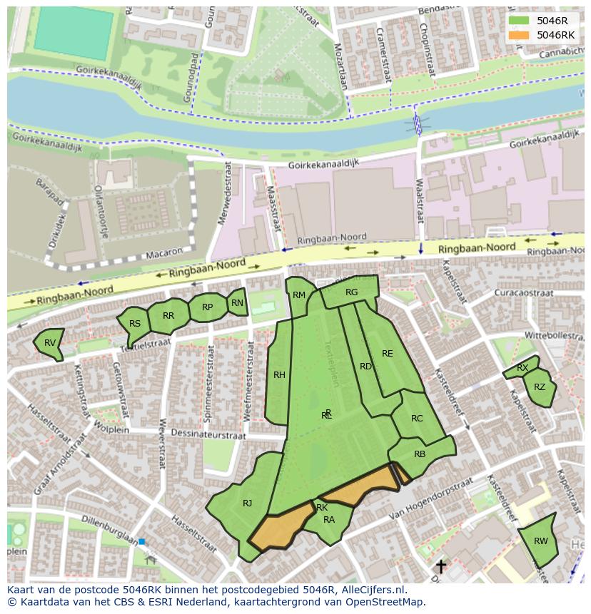 Afbeelding van het postcodegebied 5046 RK op de kaart.
