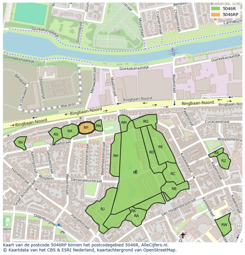 Afbeelding van het postcodegebied 5046 RP op de kaart.