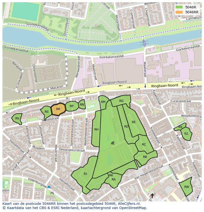 Afbeelding van het postcodegebied 5046 RR op de kaart.