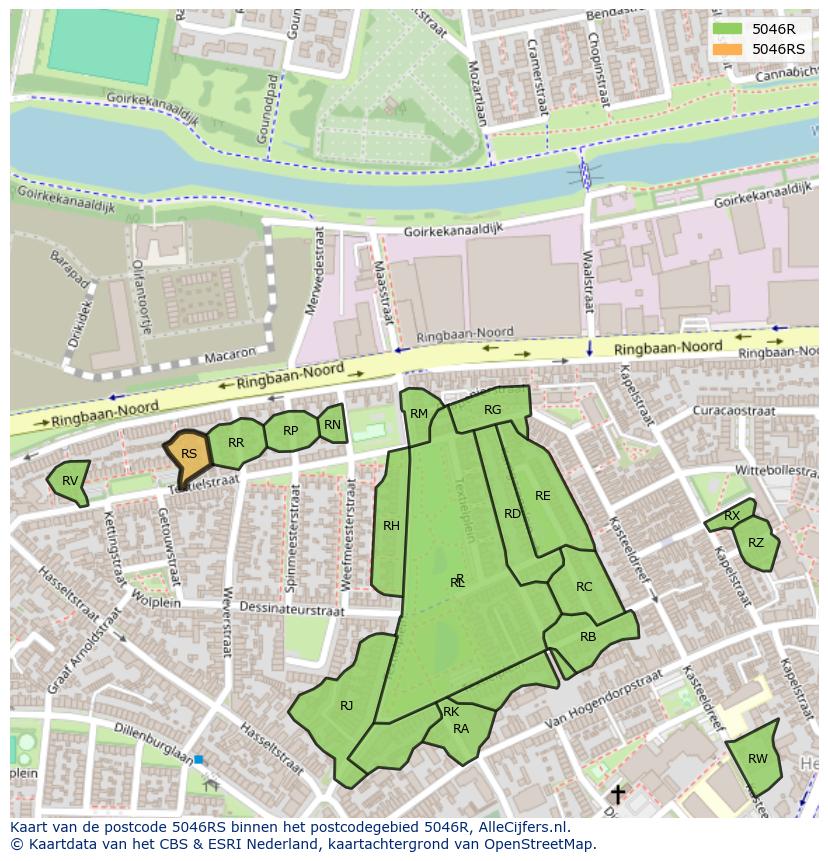 Afbeelding van het postcodegebied 5046 RS op de kaart.