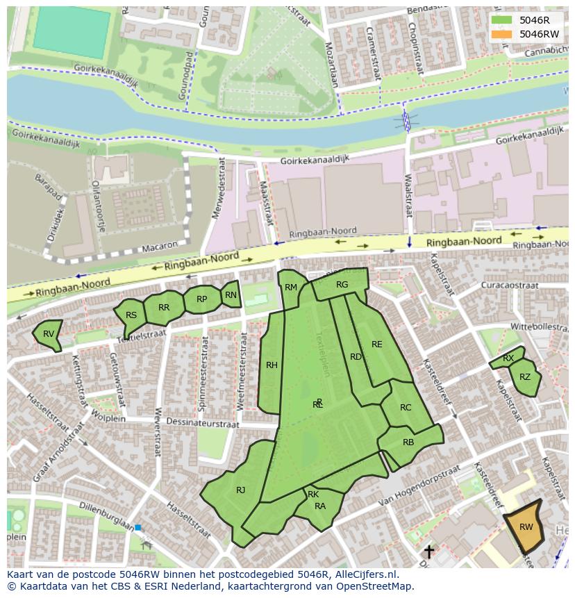 Afbeelding van het postcodegebied 5046 RW op de kaart.