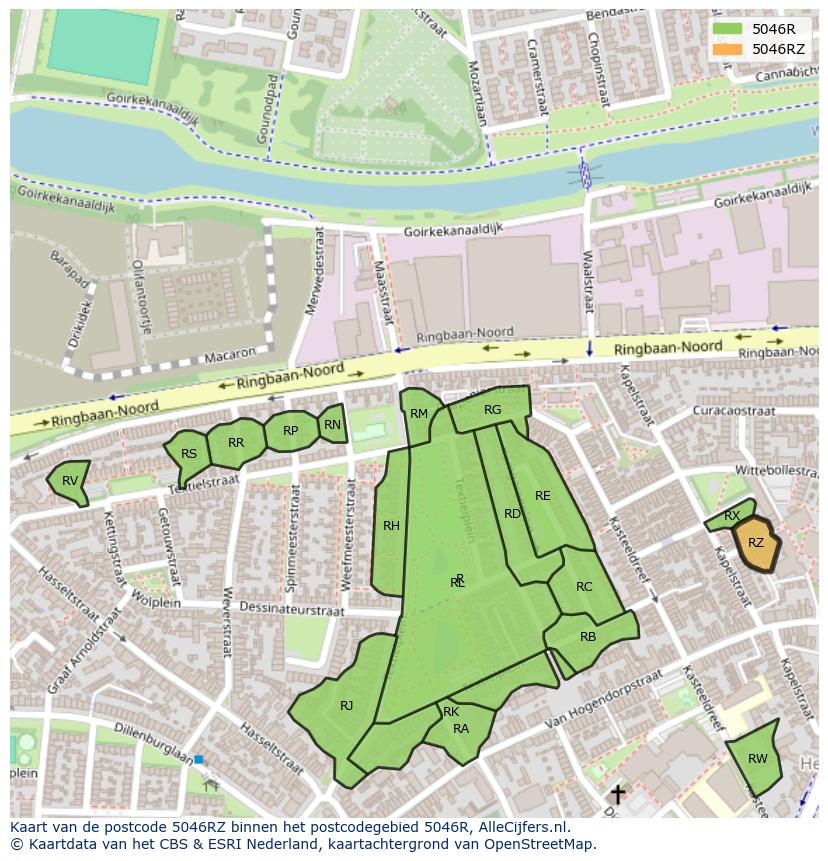 Afbeelding van het postcodegebied 5046 RZ op de kaart.