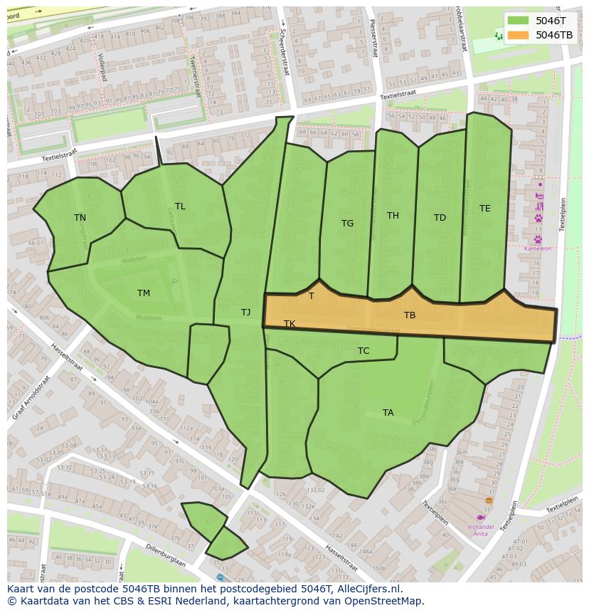 Afbeelding van het postcodegebied 5046 TB op de kaart.