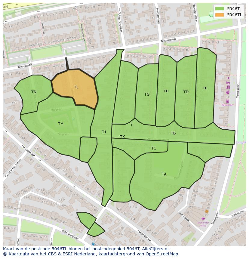 Afbeelding van het postcodegebied 5046 TL op de kaart.