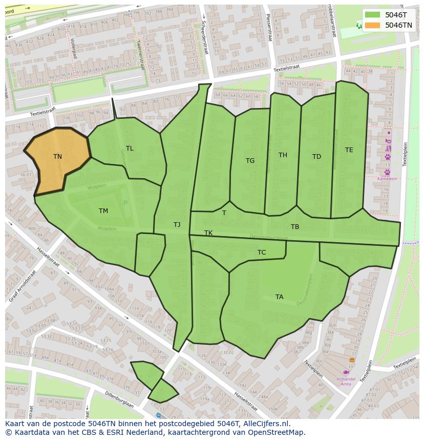 Afbeelding van het postcodegebied 5046 TN op de kaart.