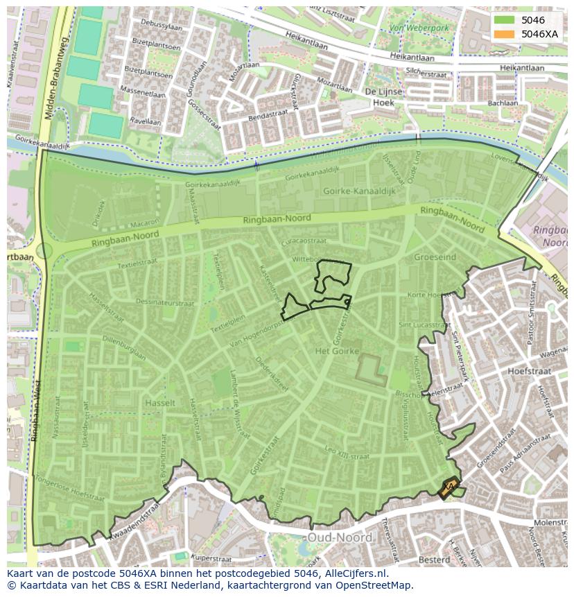 Afbeelding van het postcodegebied 5046 XA op de kaart.
