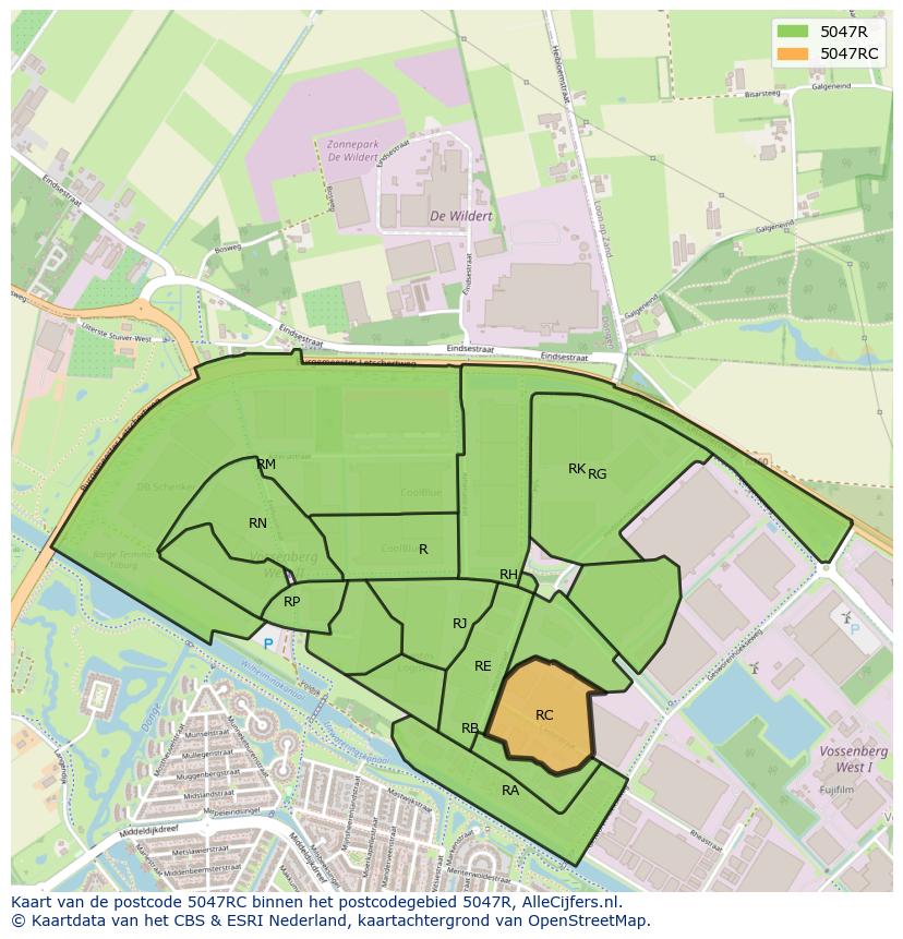 Afbeelding van het postcodegebied 5047 RC op de kaart.